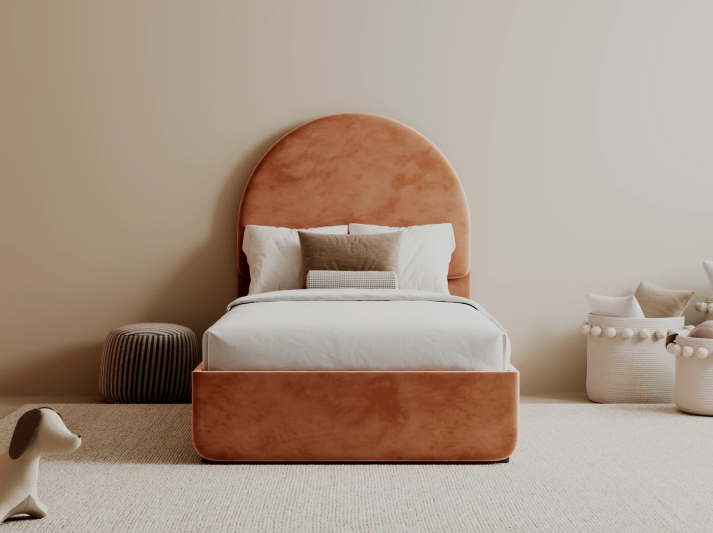 A rendered image of the Astor Bed Frame in Dust Rose in a bedroom scene