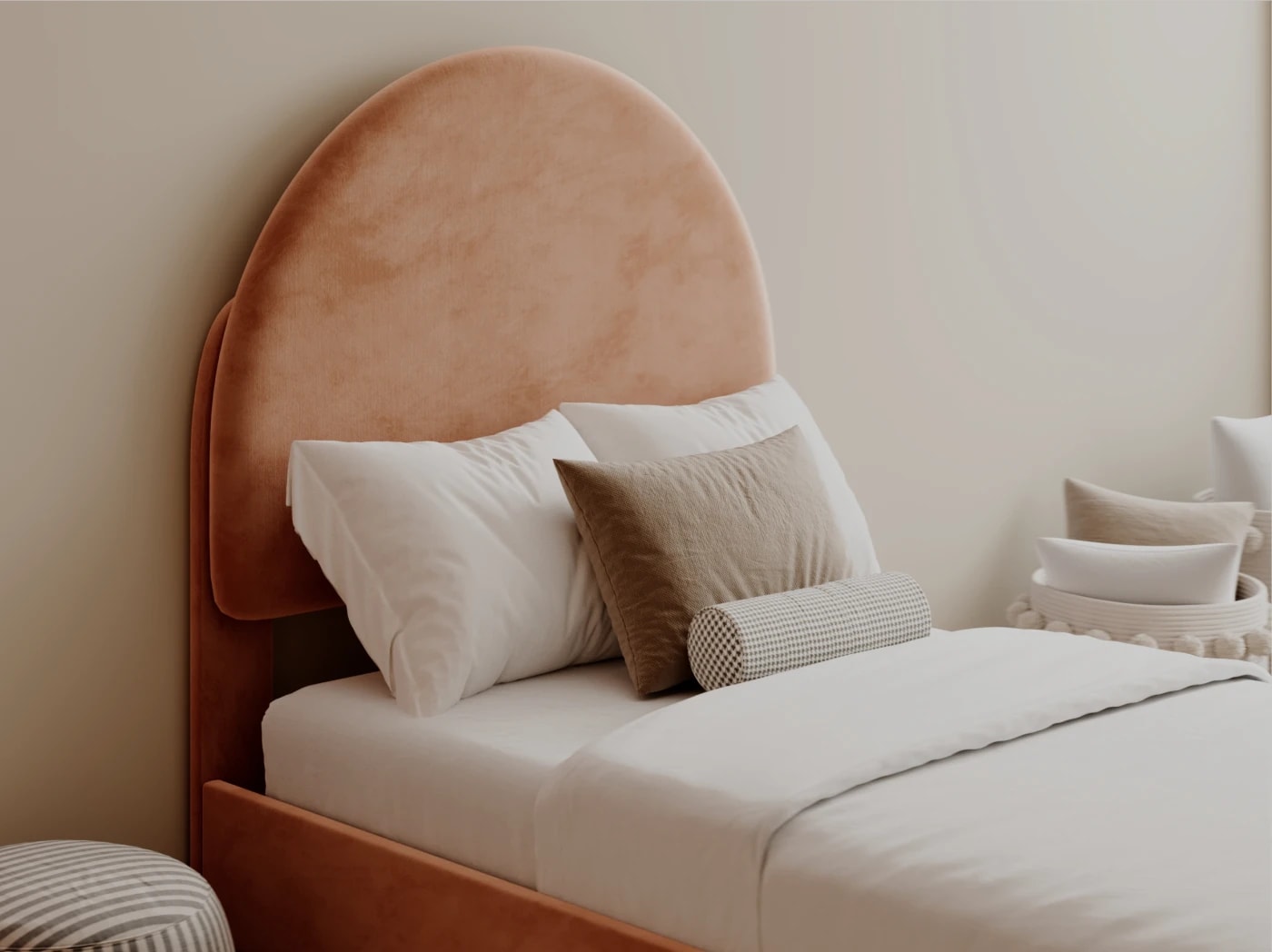 A rendered image of the Astor Bed Frame in Dust Rose in a bedroom scene