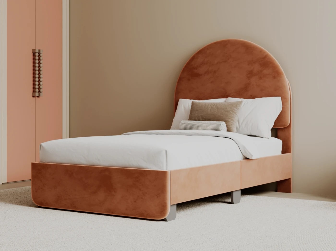 A rendered image of the Astor Bed Frame in Dust Rose in a bedroom scene