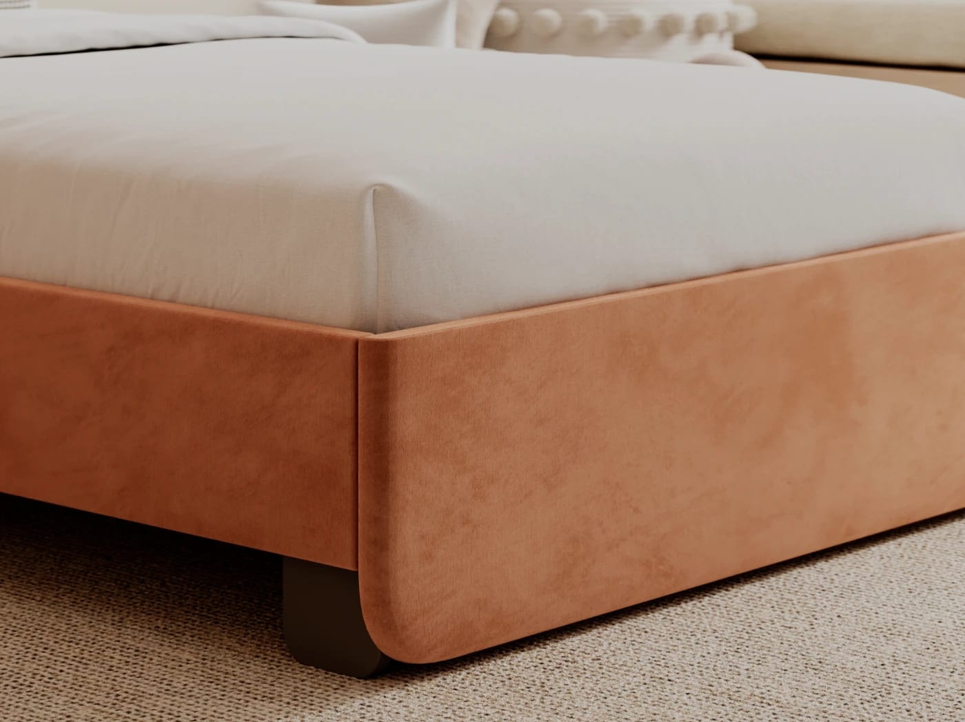 A rendered image of the Astor Bed Frame in Dust Rose in a bedroom scene