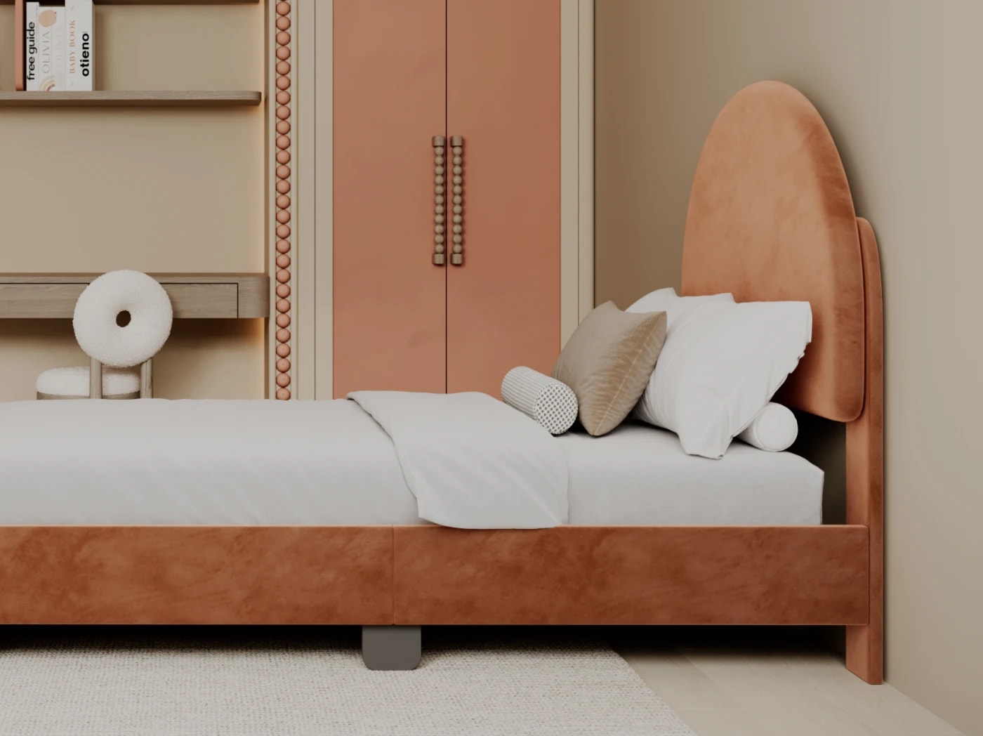 A rendered image of the Astor Bed Frame in Dust Rose in a bedroom scene