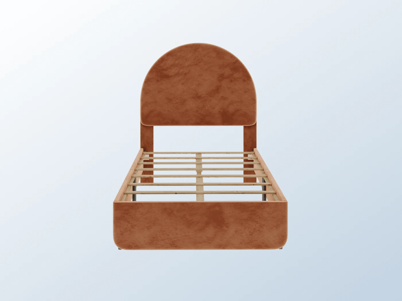 A rendered image of the Astor Bed Frame in Dusty Rose on a blue background