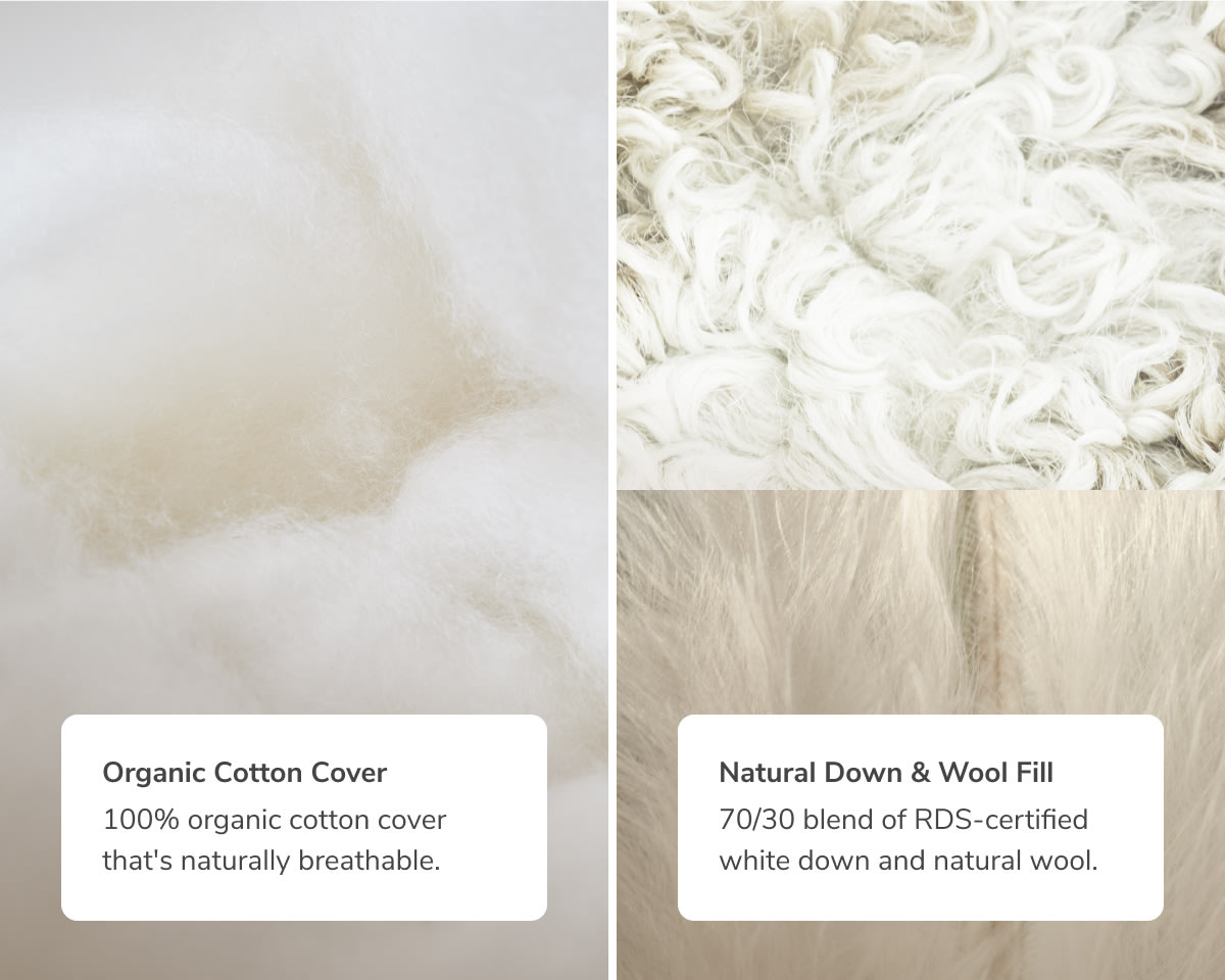 A closeup image of the Natural Down Duvet Insert materials with callouts to its organic cotton cover and Natural Down and Wool Fill