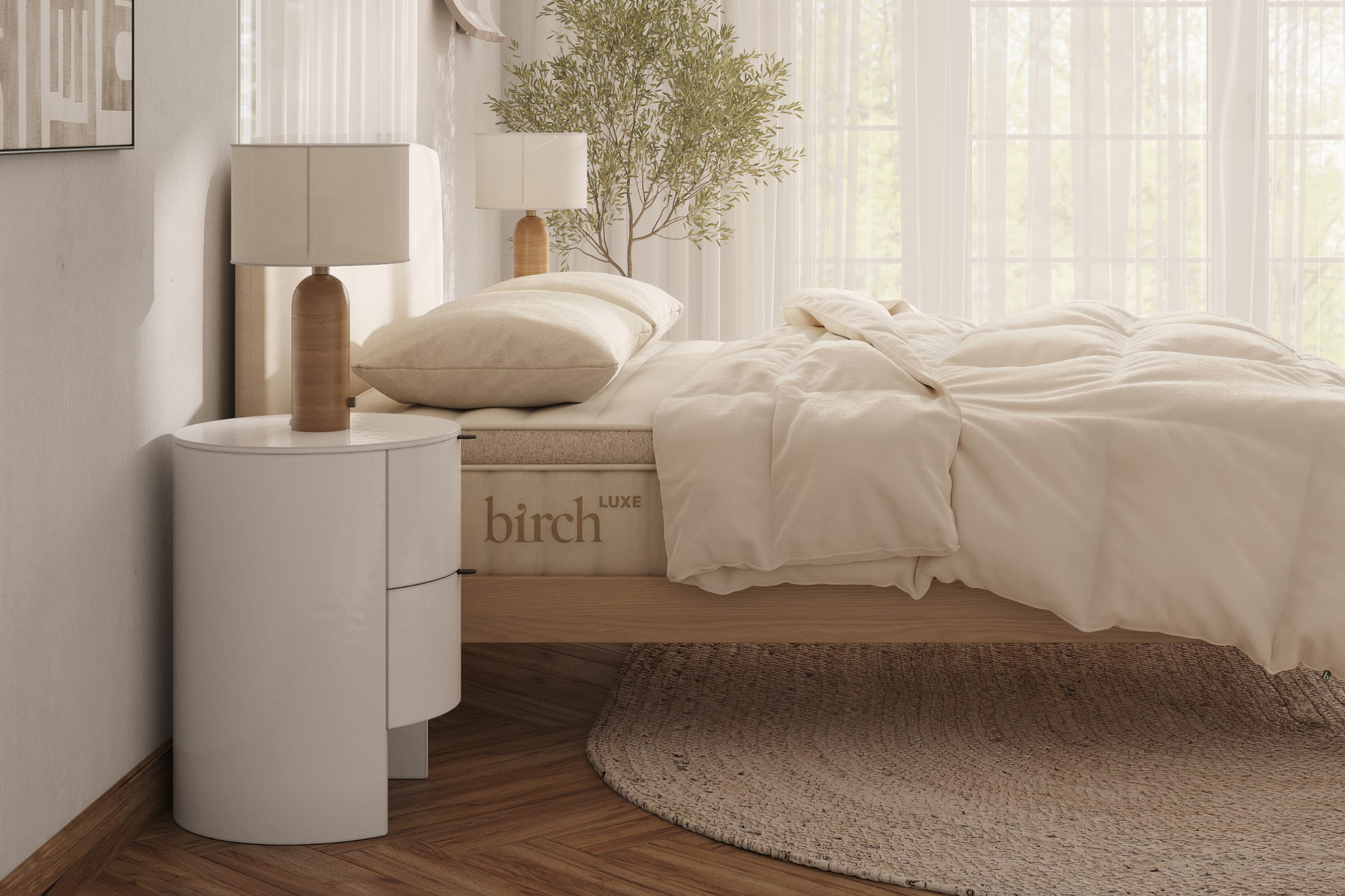 An image of the Birch Duvet Insert on a Birch mattress in a bedroom scene