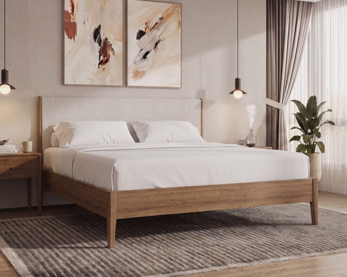 A rendered image of the CoolShift Sheet Set laid across a bed in a bedroom scene
