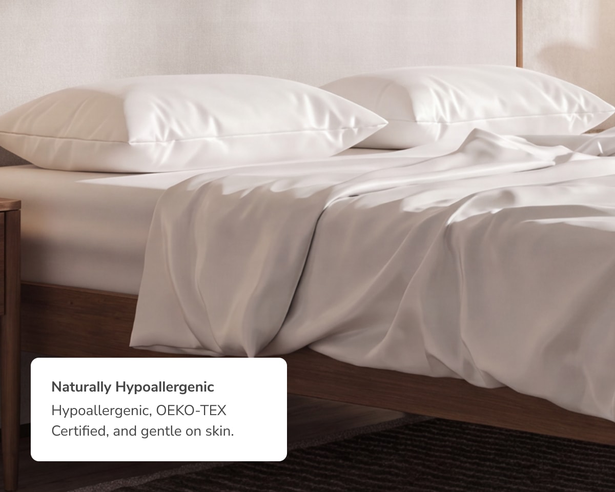 A rendered image of the CoolShift Sheet Set with a callout to its hypoallergenic material and OEKO-Tex certification