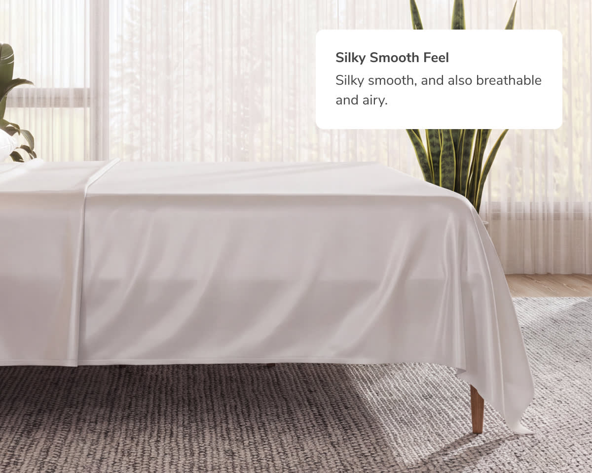 A closeup of the CoolShift Sheet Set with a callout to their Silky Smooth Feel