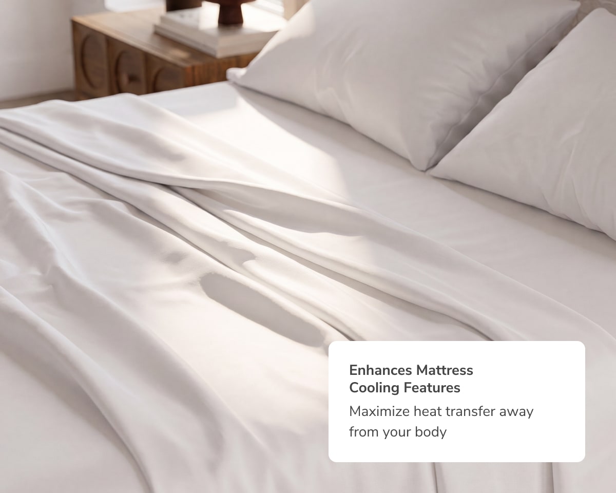 A rendered image of the CoolShift Sheet Set with a callout to its cooling features