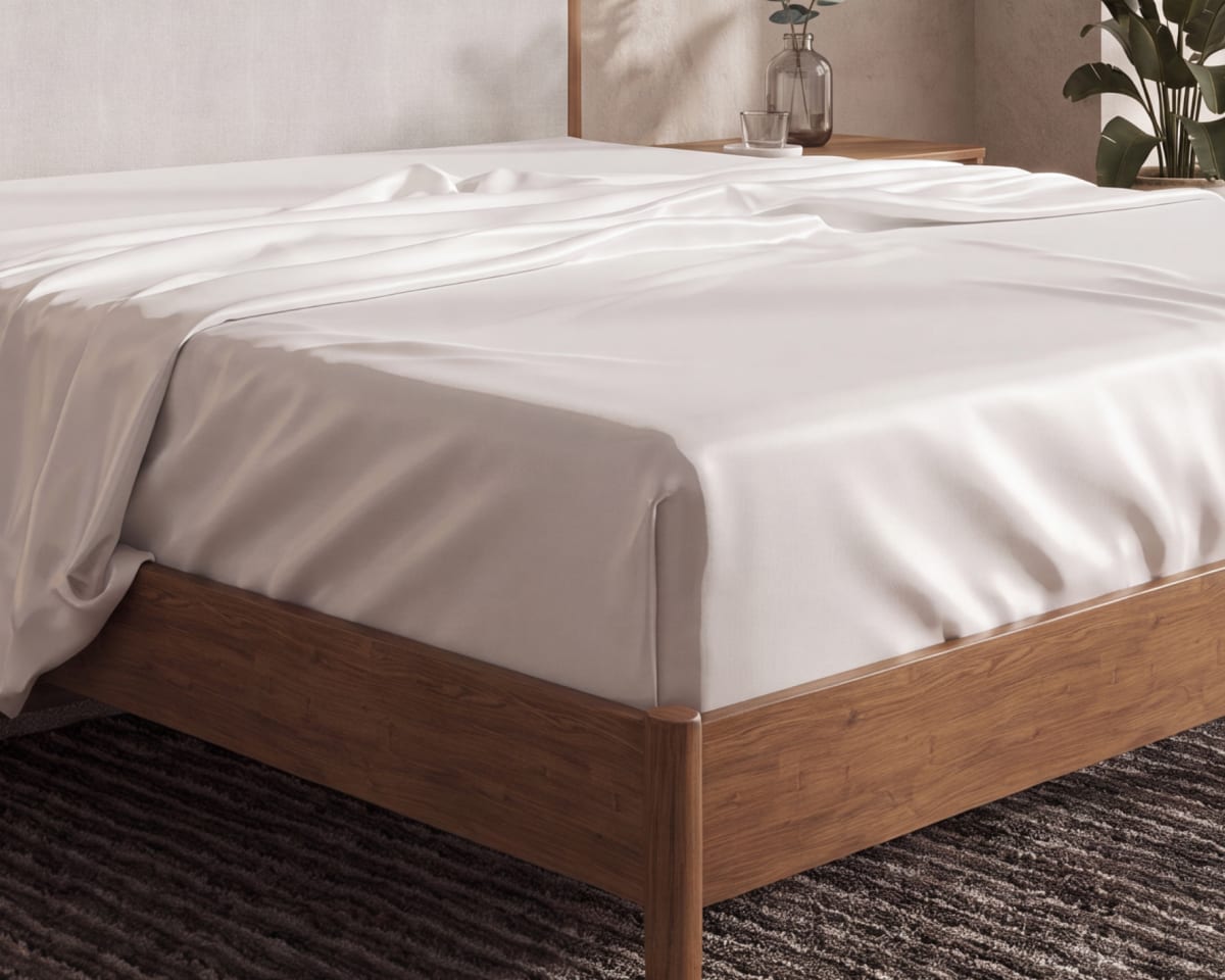 A rendered image of the CoolShift Sheet Set laid across a bed in a bedroom scene