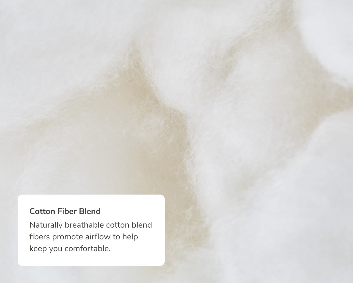 A closeup image of the cotton fibers used in our sheets, with a callout to their breathable design