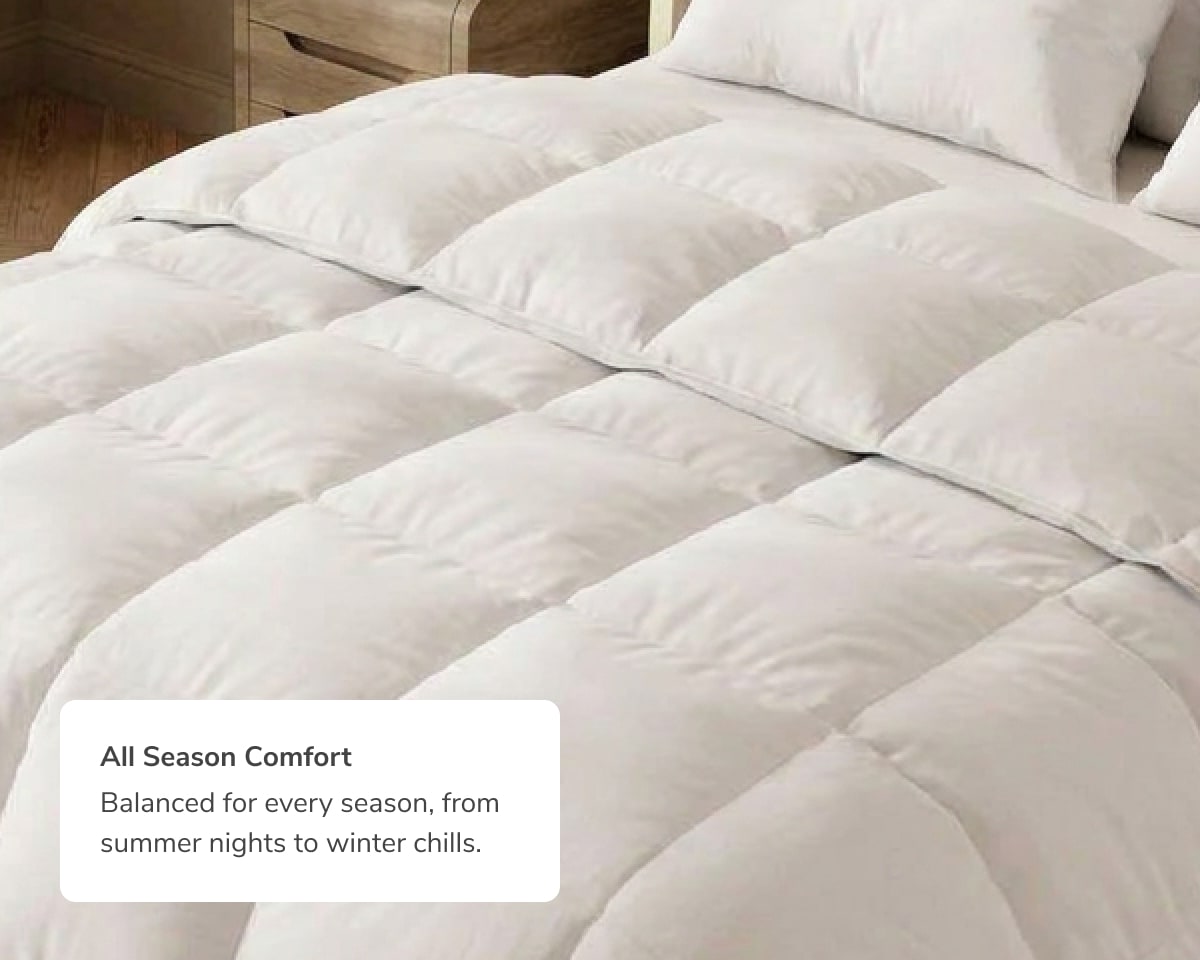 An image of the Down Alternative Duvet Insert with a callout to its balanced all season comfort