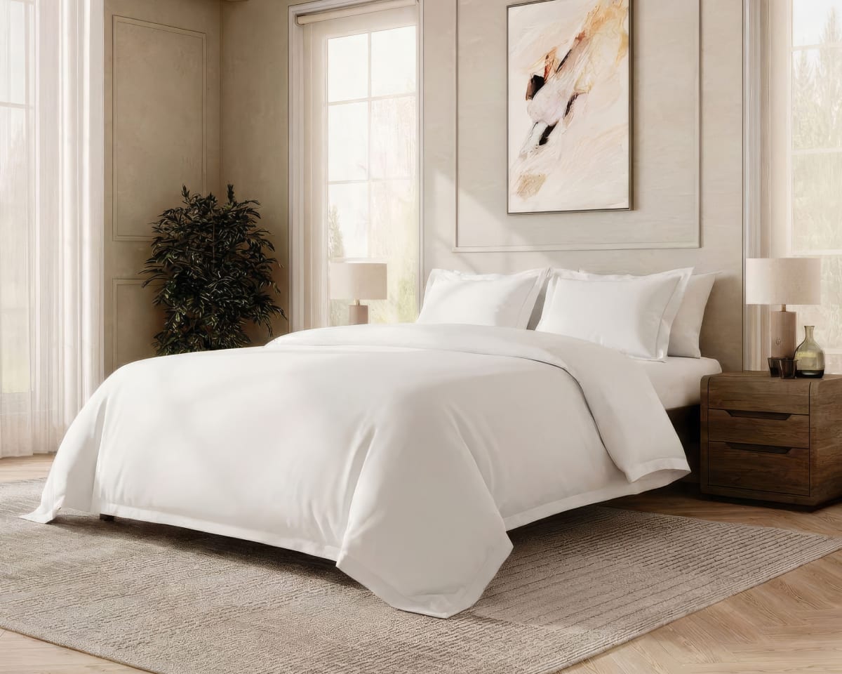 An image of the Duvet Cover and Duvet Insert laid across a bed in a bedroom scene