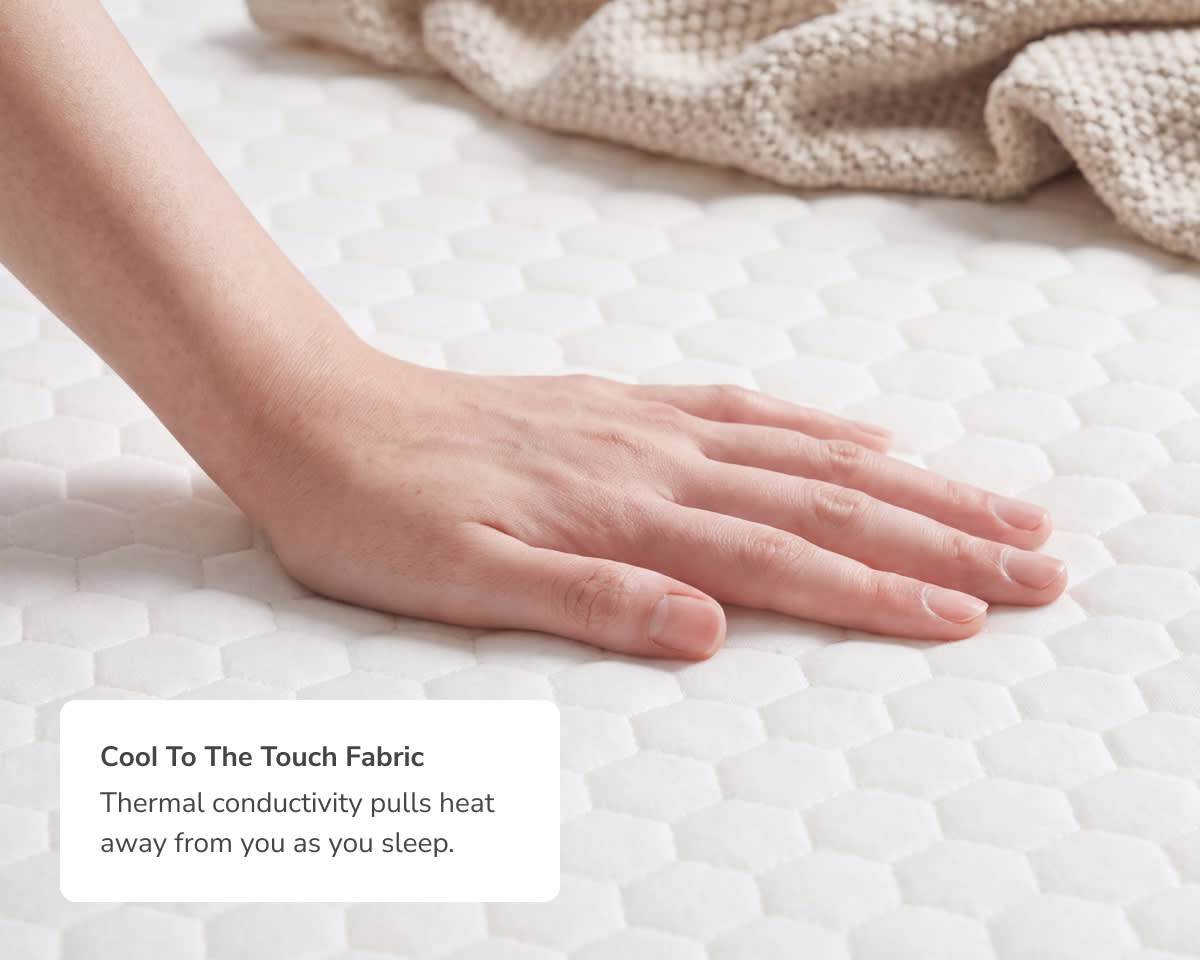 An image of the GlacioTex Cooling Mattress Protector with a callout to its cool to the touch fabric