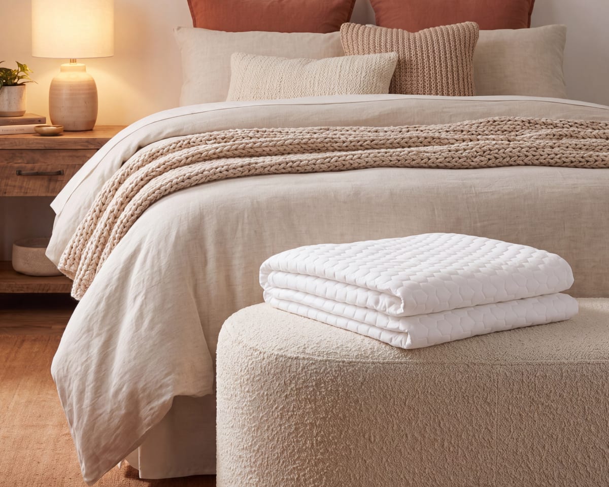 An image of the GlacioTex Cooling Mattress Protector folded up at the foot of a bed