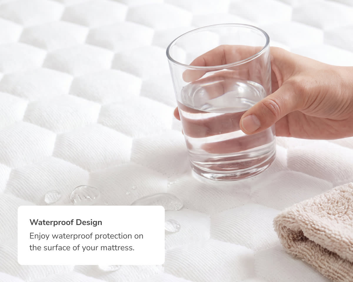 An image of the GlacioTex Cooling Mattress Protector with a callout to its waterproof design