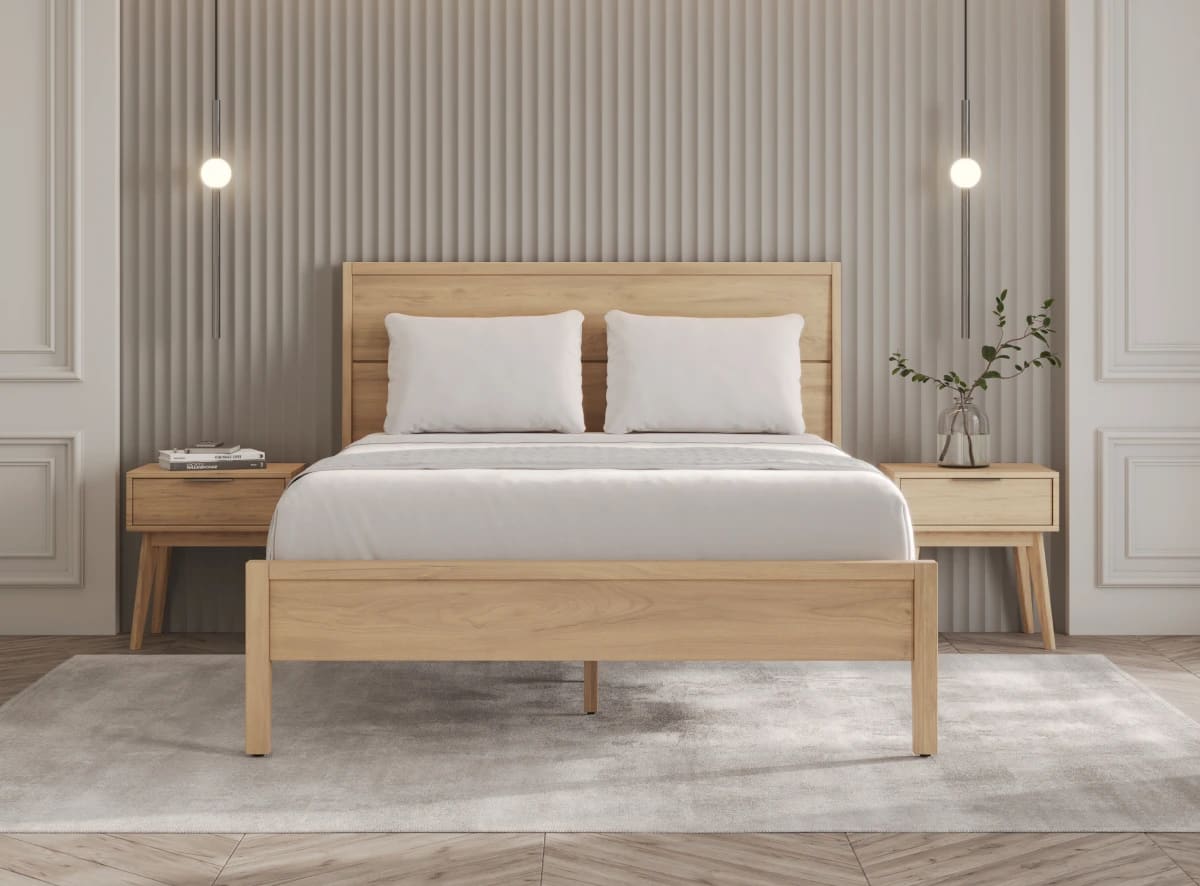 A rendered image of the Ludlow Bed Frame in a bedroom scene