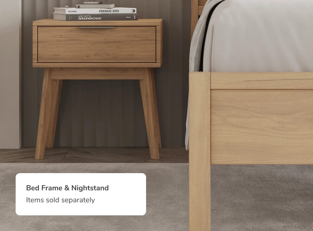 A rendered image of the Ludlow Bed Frame with a callout that the Ludlow Bed Frame and Nightstand are sold separately