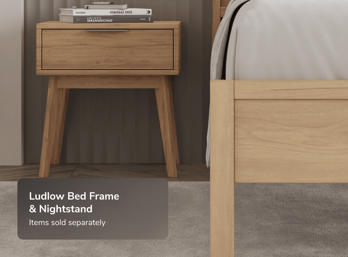 A rendered image of the Ludlow Bed Frame with a callout that the Ludlow Bed Frame and Nightstand are sold separately
