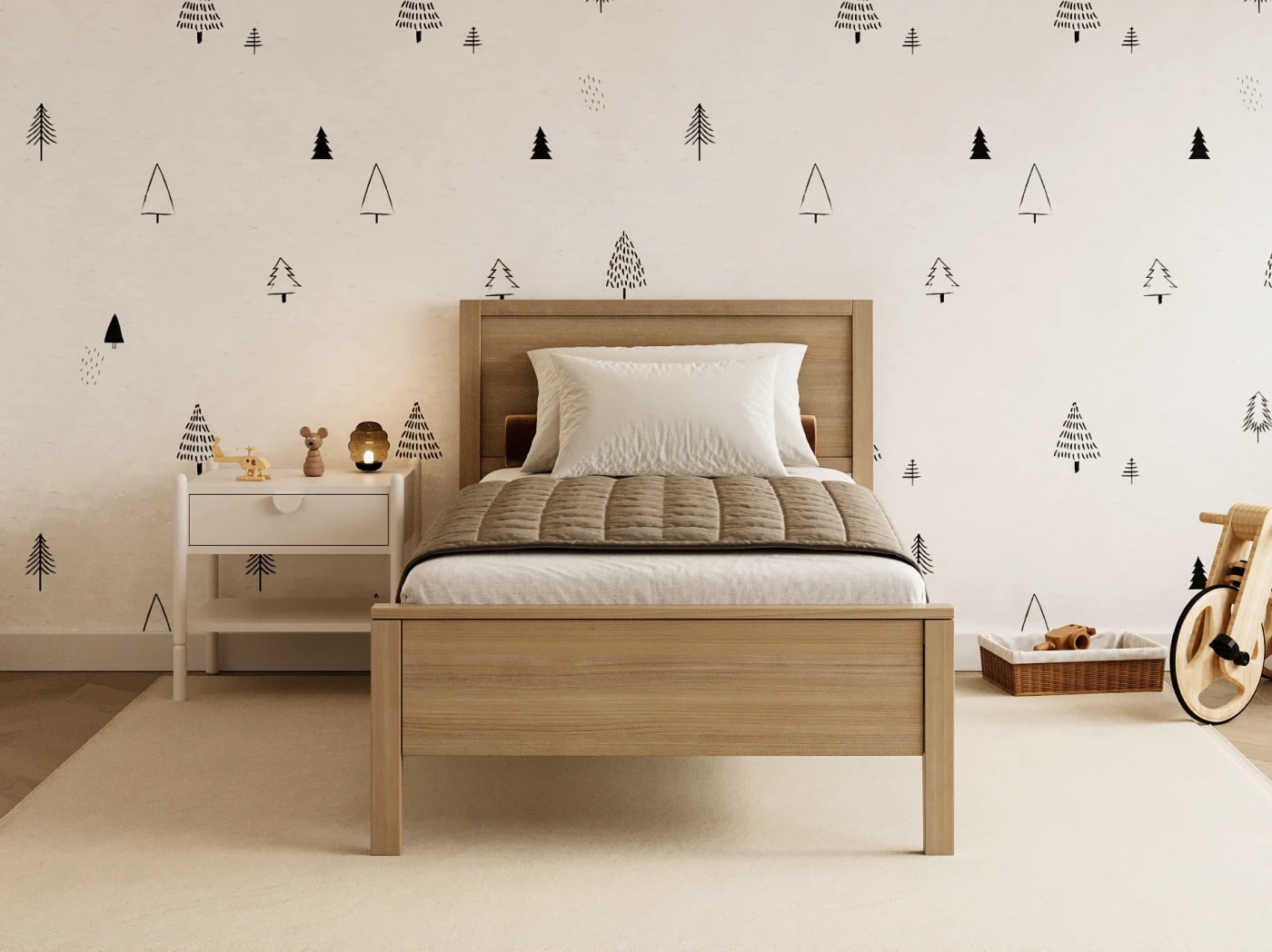 A rendered image of the Cooper Bed Frame in Pecan on a blue background
