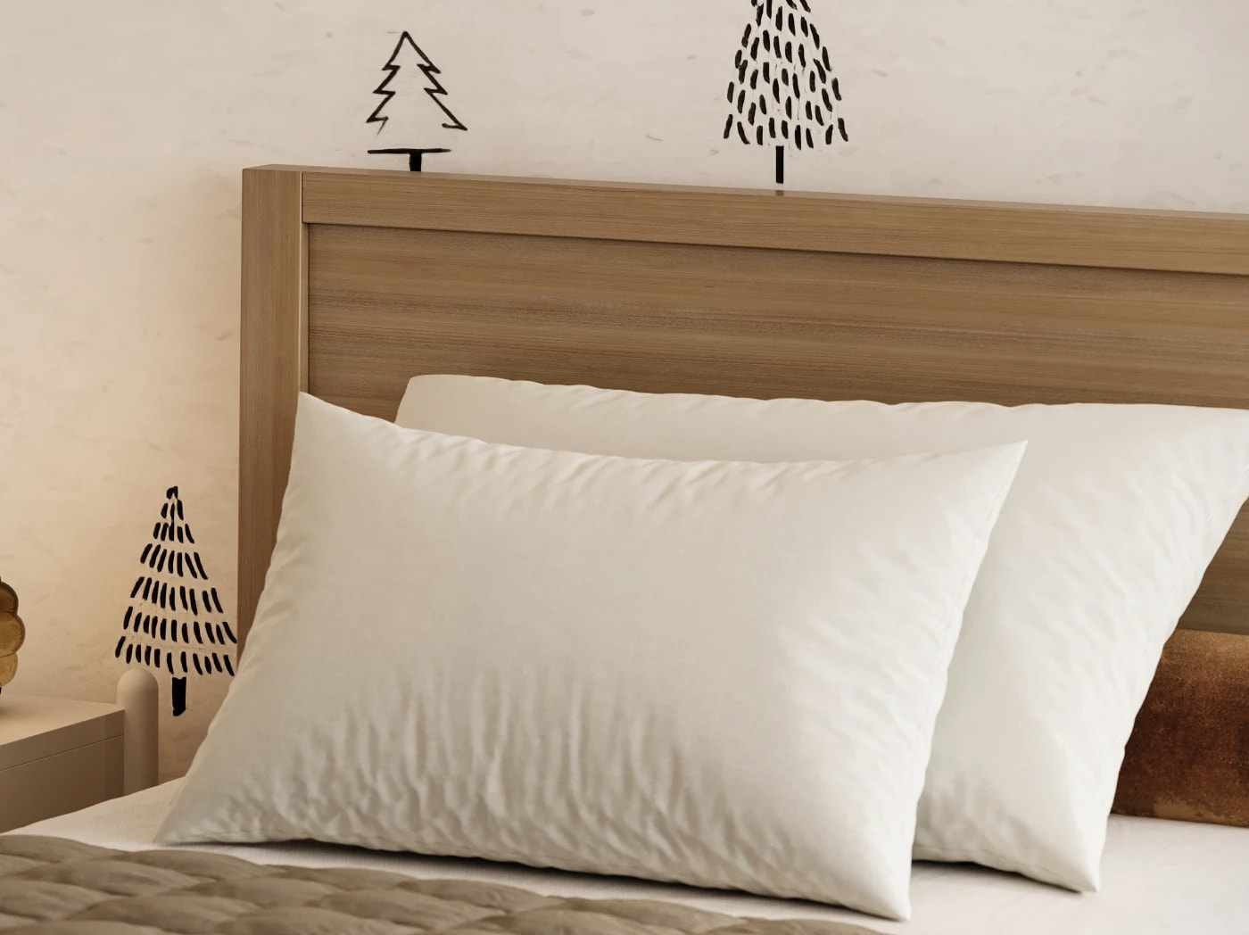 A rendered image of the Cooper Bed Frame in Pecan on a blue background