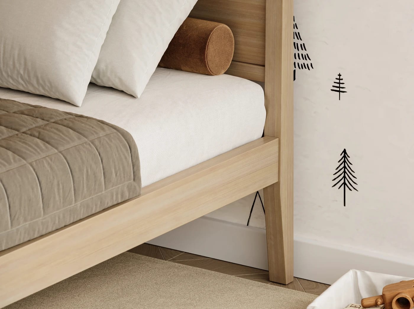 A rendered image of the Cooper Bed Frame in Pecan on a blue background