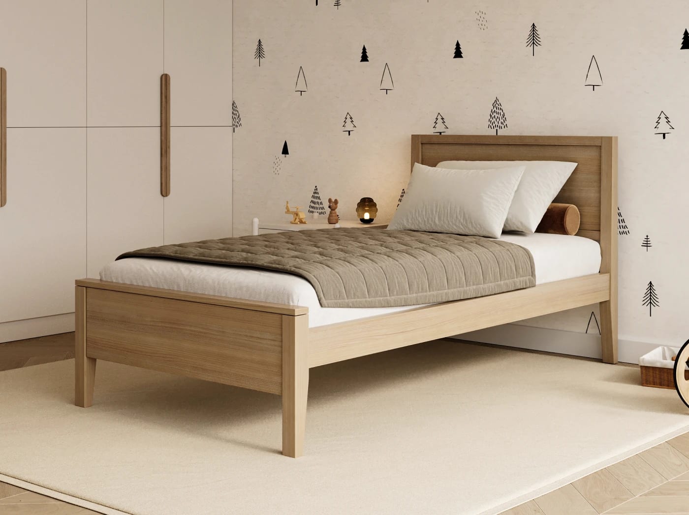 A rendered image of the Cooper Bed Frame in Pecan on a blue background
