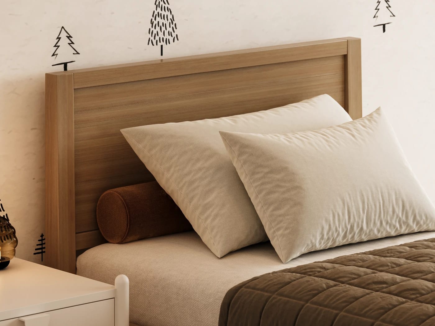 A rendered image of the Cooper Bed Frame in Pecan on a blue background