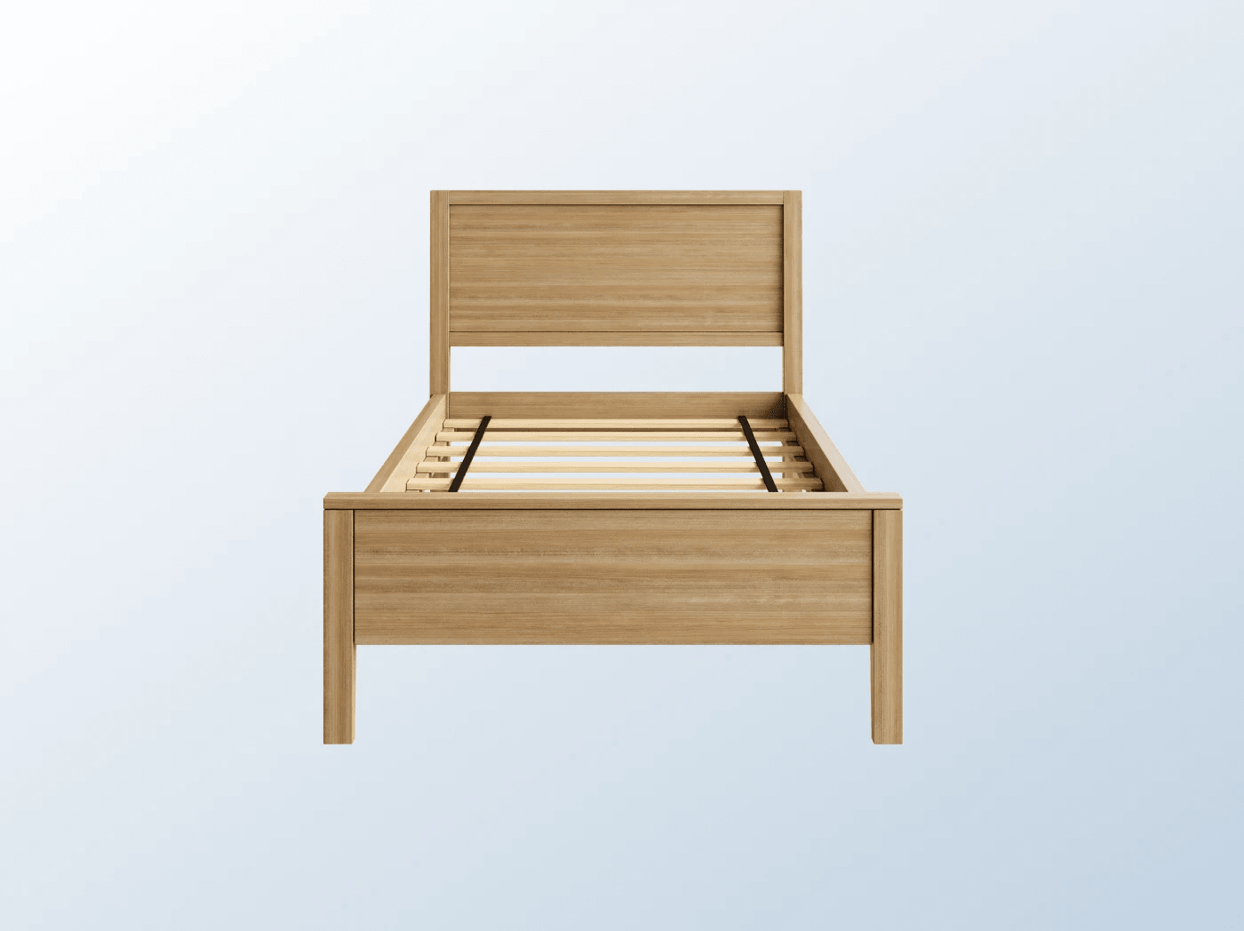 A rendered image of the Cooper Bed Frame in Pecan on a blue background