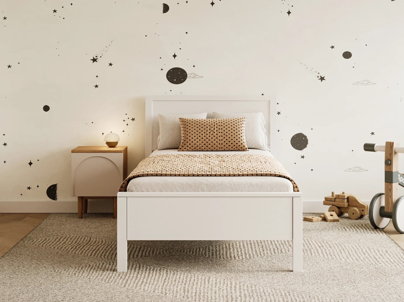 A rendered image of the Cooper Bed Frame in White in a bedroom scene