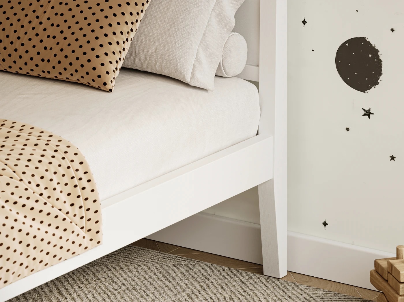 A rendered image of the Cooper Bed Frame in White in a bedroom scene
