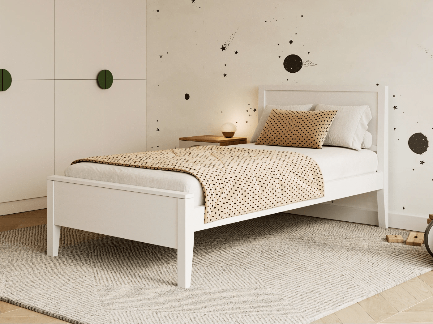 A rendered image of the Cooper Bed Frame in White in a bedroom scene