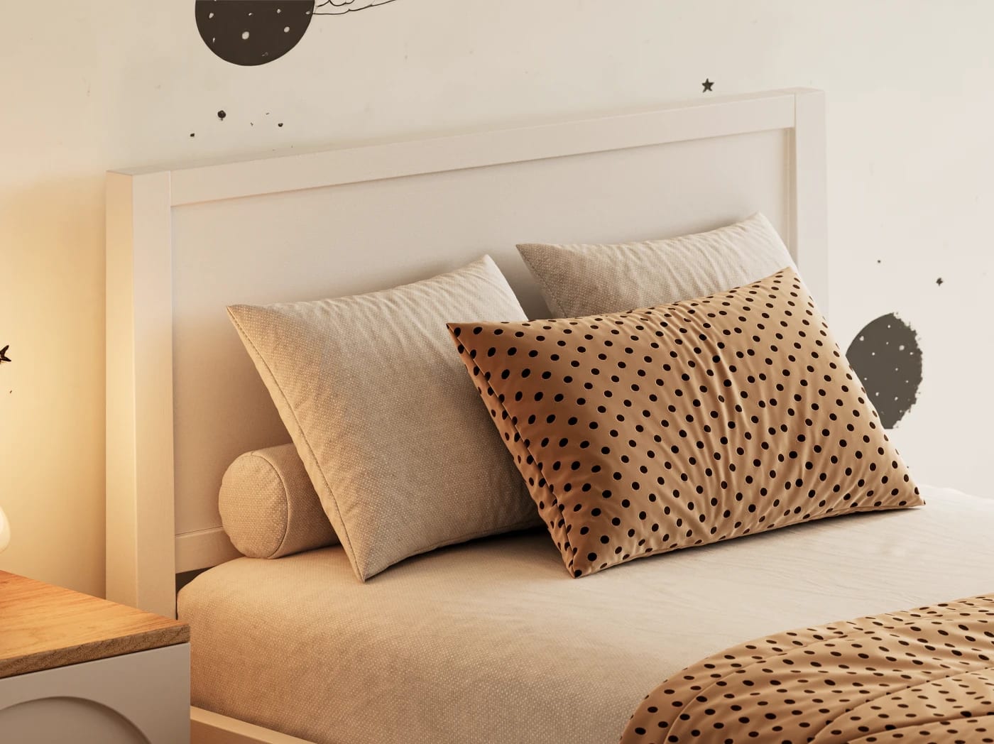 A rendered image of the Cooper Bed Frame in White in a bedroom scene