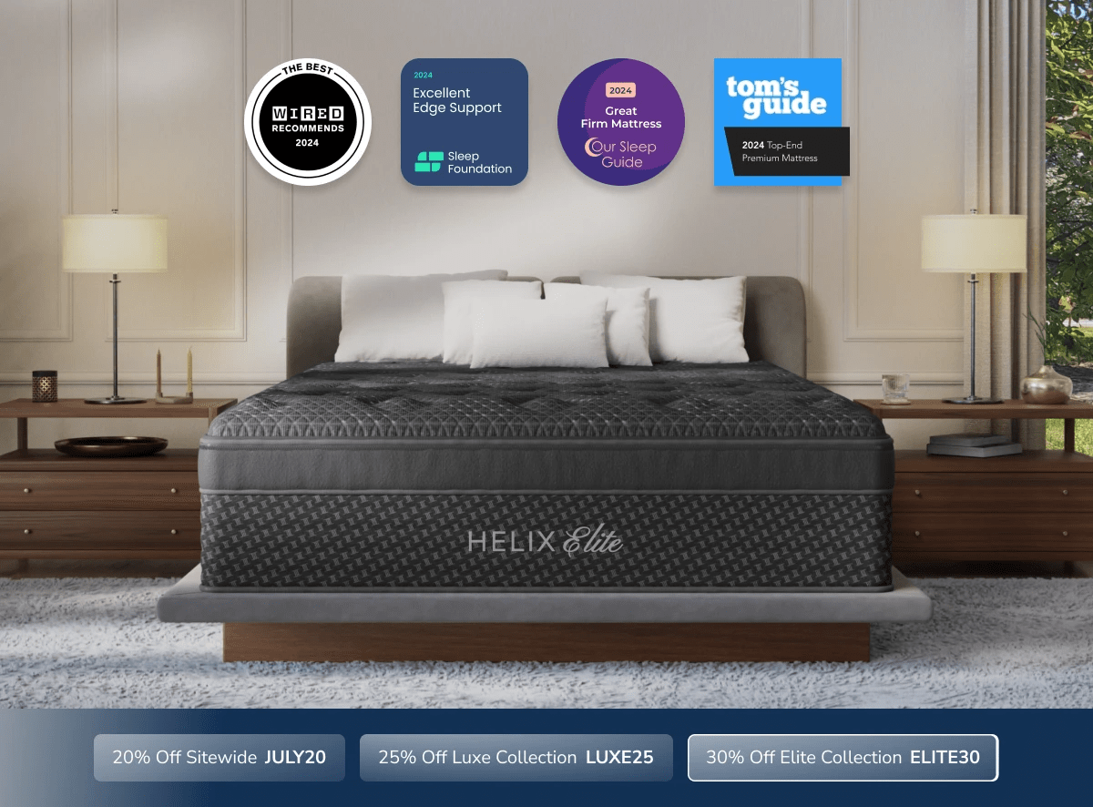 An image of the Helix Elite mattress with a callout to save 30% on Elite mattresses with code ELITE30