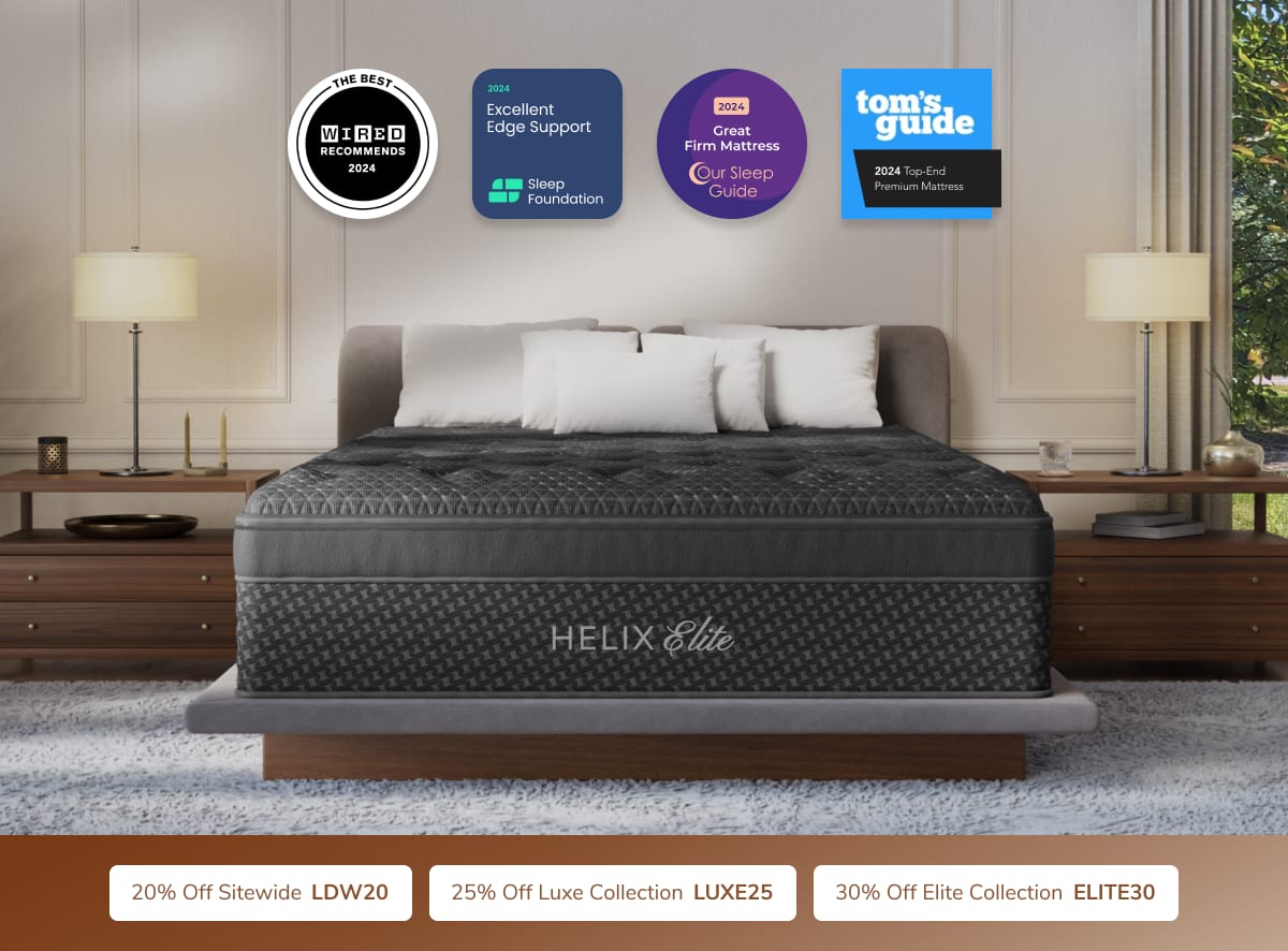 A rendered image of the Helix Elite mattress with a callout to save 30% on Elite mattresses with code ELITE30