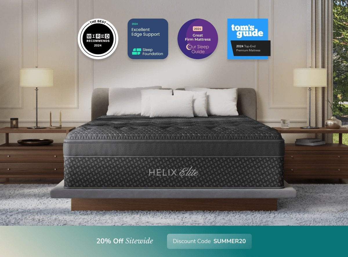 An image of the Helix Luxe mattress in a bedroom scene with a callout to 20% off your order using code SUMMER20