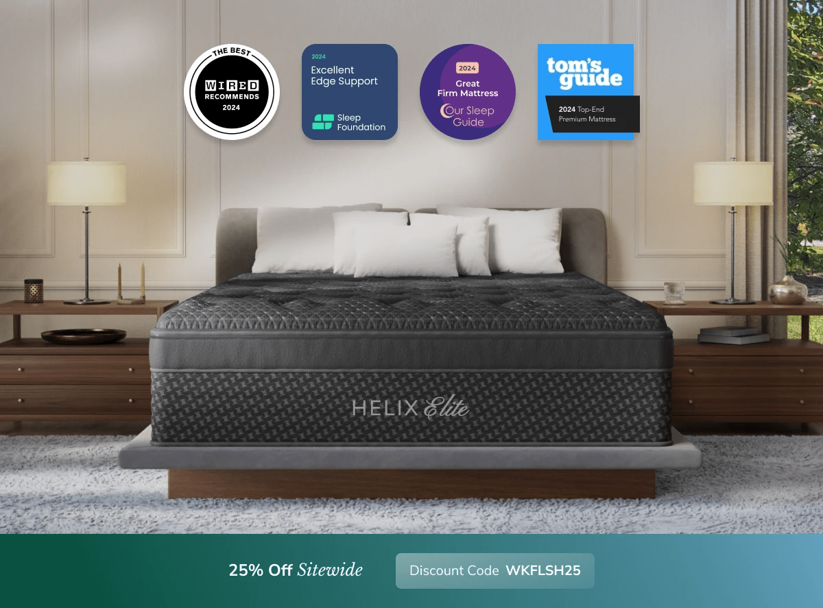 A rendered image of a Helix Elite mattress showing you can get 25% off your order using code WKFLSH25