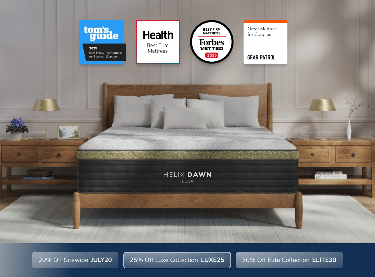 An image of the Helix Luxe mattress with a callout to save 25% on Luxe mattresses using code LUXE25