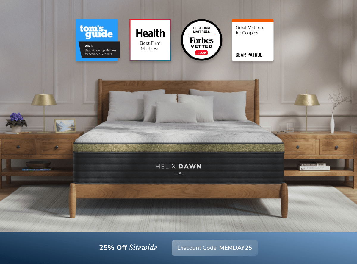 A rendered image showing the Helix Luxe mattress with a callout to save 25% sitewide using code MEMDAY25