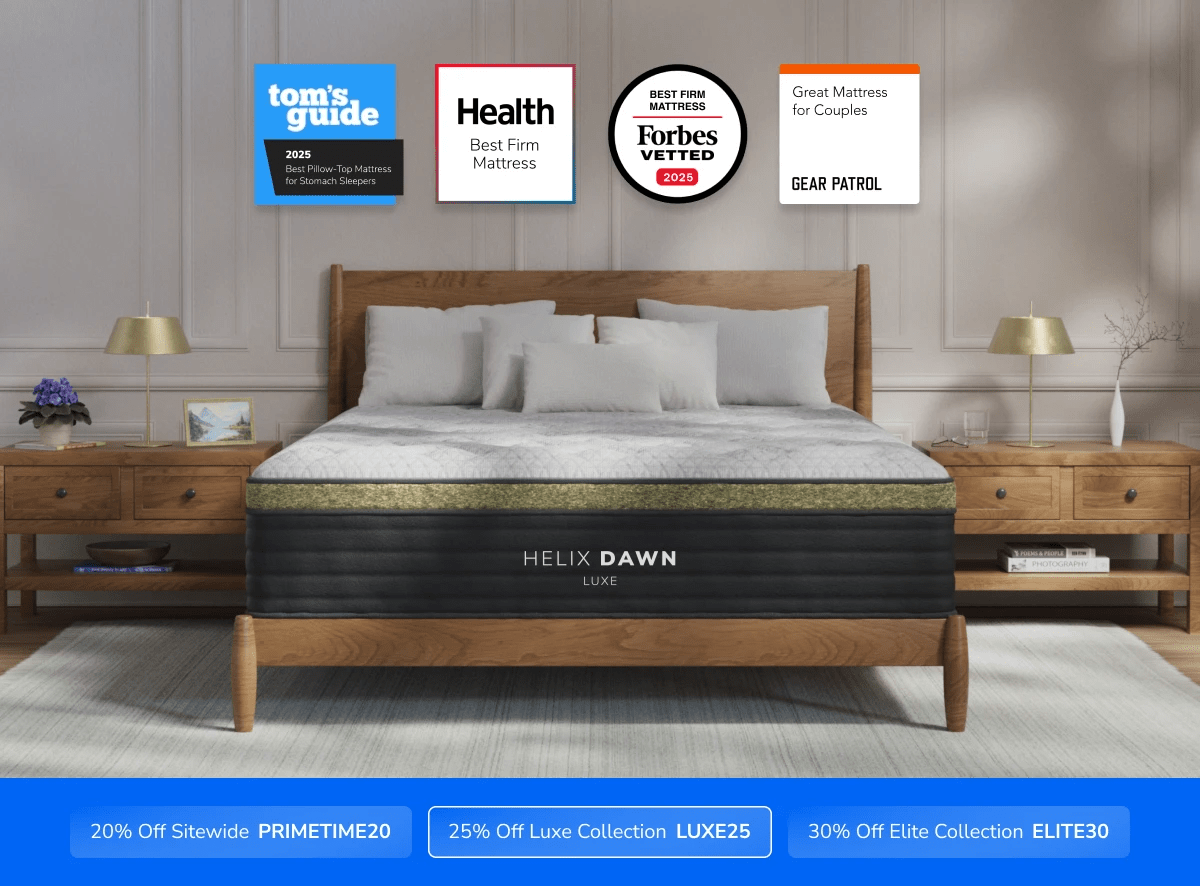 A rendered image of the Helix Luxe mattress with a callout to save 25% on your mattress using code LUXE25