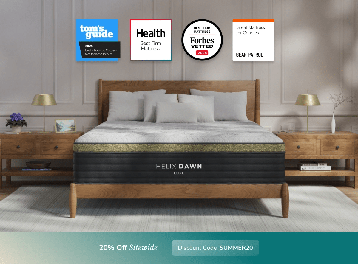 An image of the Helix Luxe mattress in a bedroom scene with a callout to 20% off your order using code SUMMER20