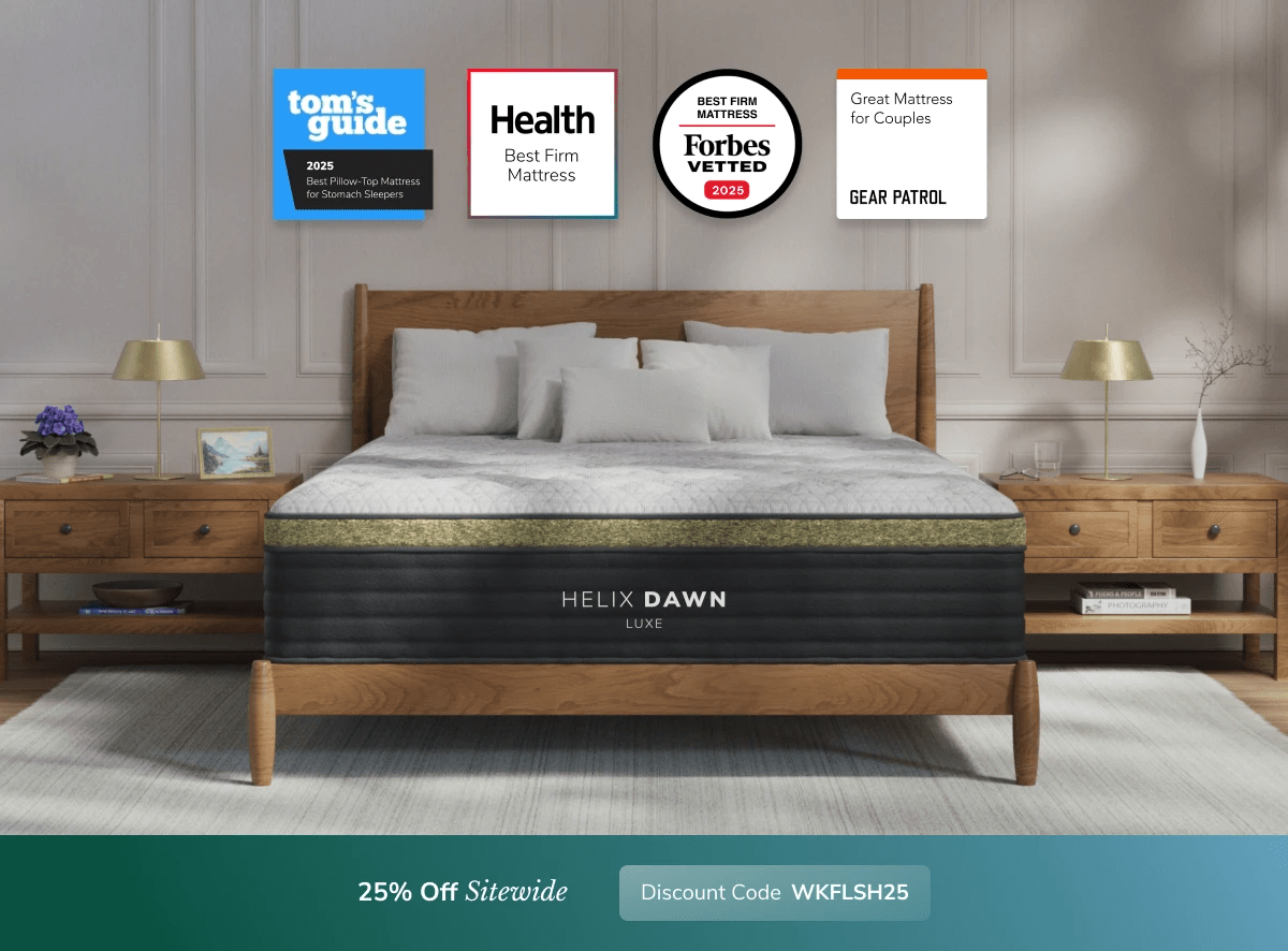 A rendered image of a Helix mattress showing you can get 25% off your order using code WKFLSH