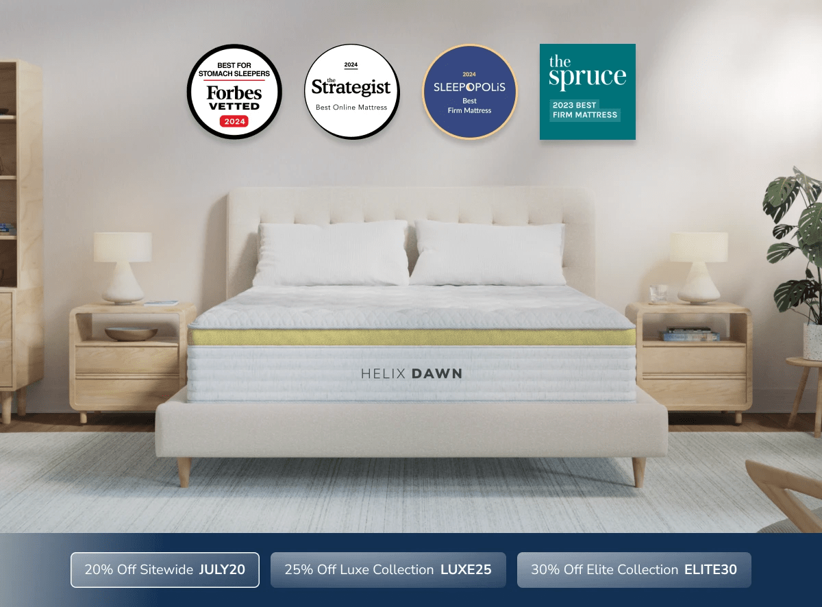 An image of the Helix mattress with a callout to save 20% sitewide using code JULY20