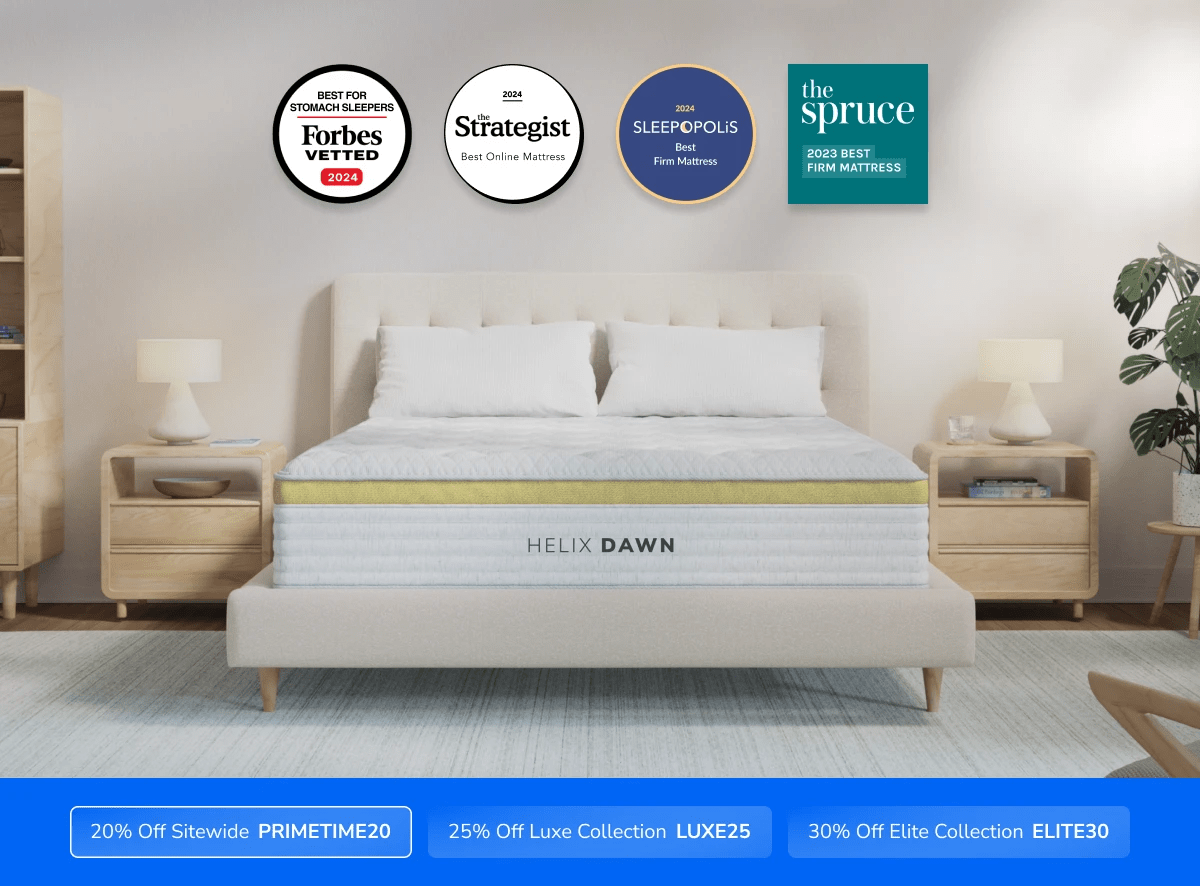 A rendered image of the Helix mattress with a callout to save 20% on your mattress using code PRIMETIME20