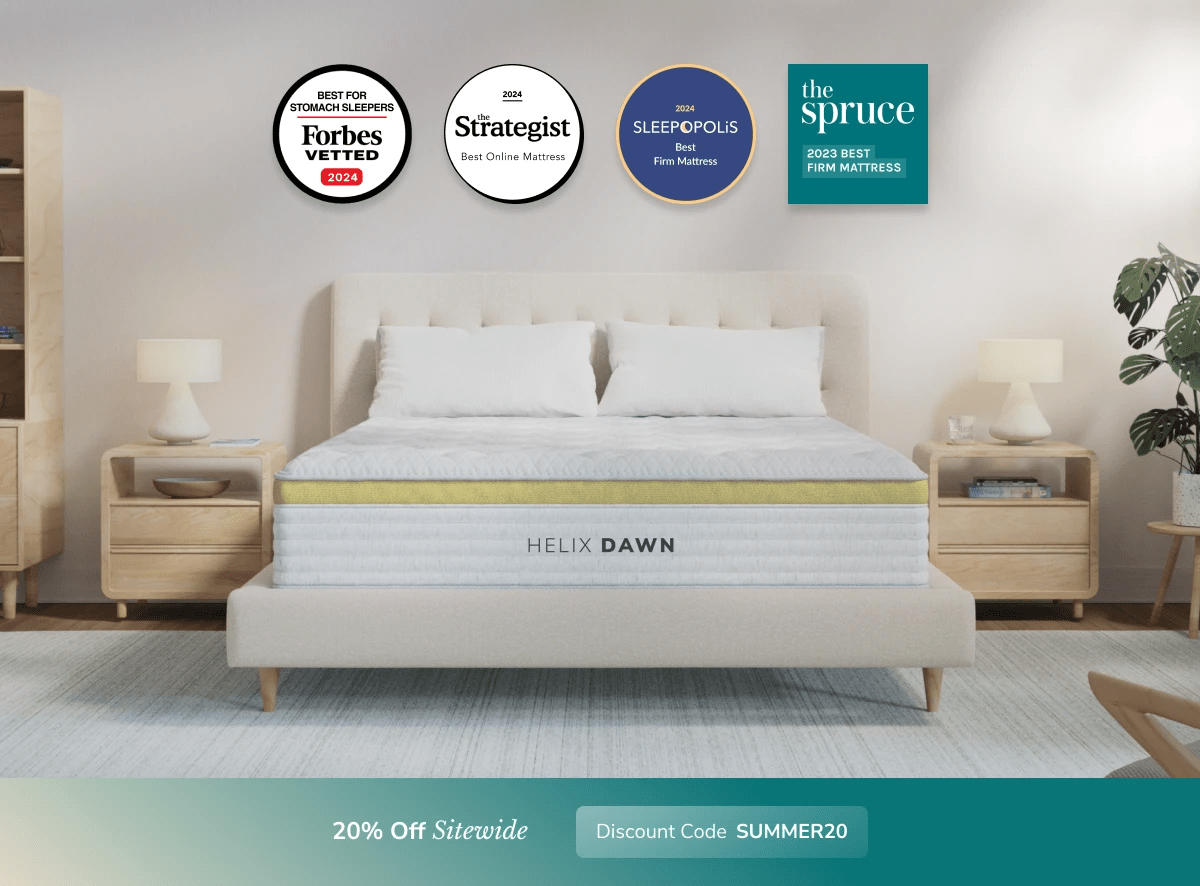 An image of the Helix Luxe mattress in a bedroom scene with a callout to 20% off your order using code SUMMER20