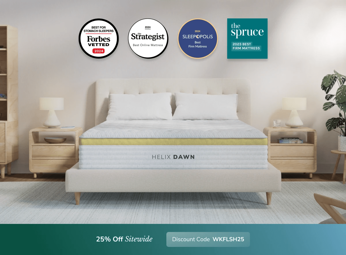 A rendered image of a Helix mattress showing you can get 25% off your order using code WKFLSH25