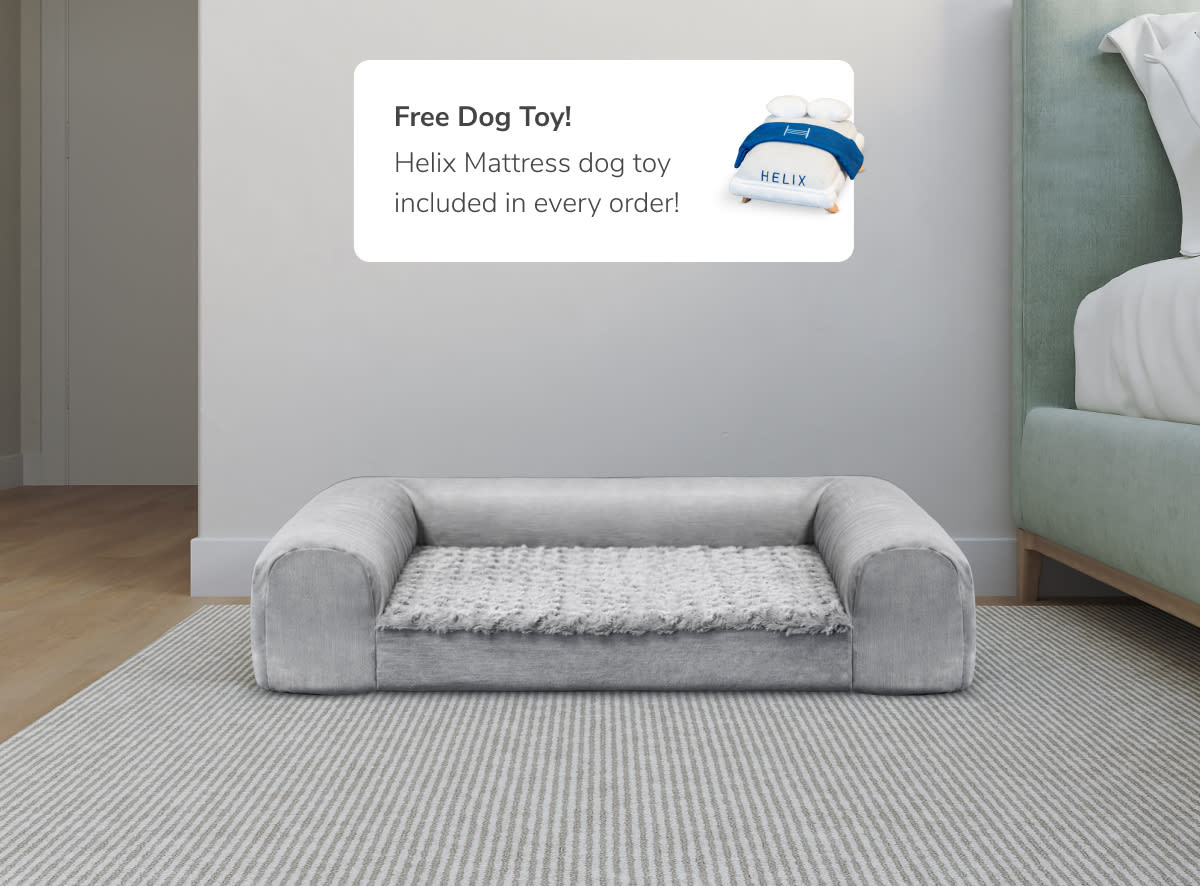 An image of the Helix Dog Bed with a callout to the Free Dog Toy included with every Dog Bed order