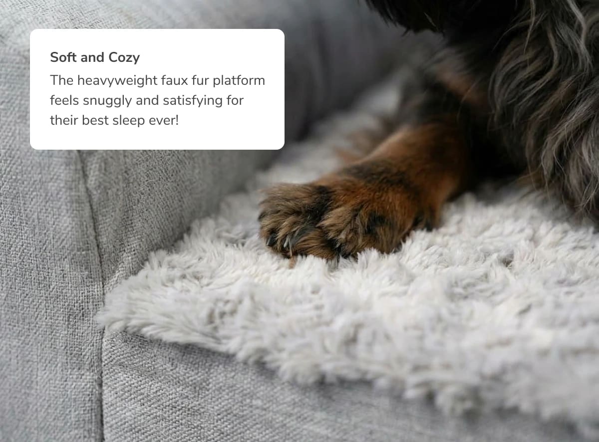 A rendered image showing the Helix Dog Bed with a callout to the durable faux fur cover