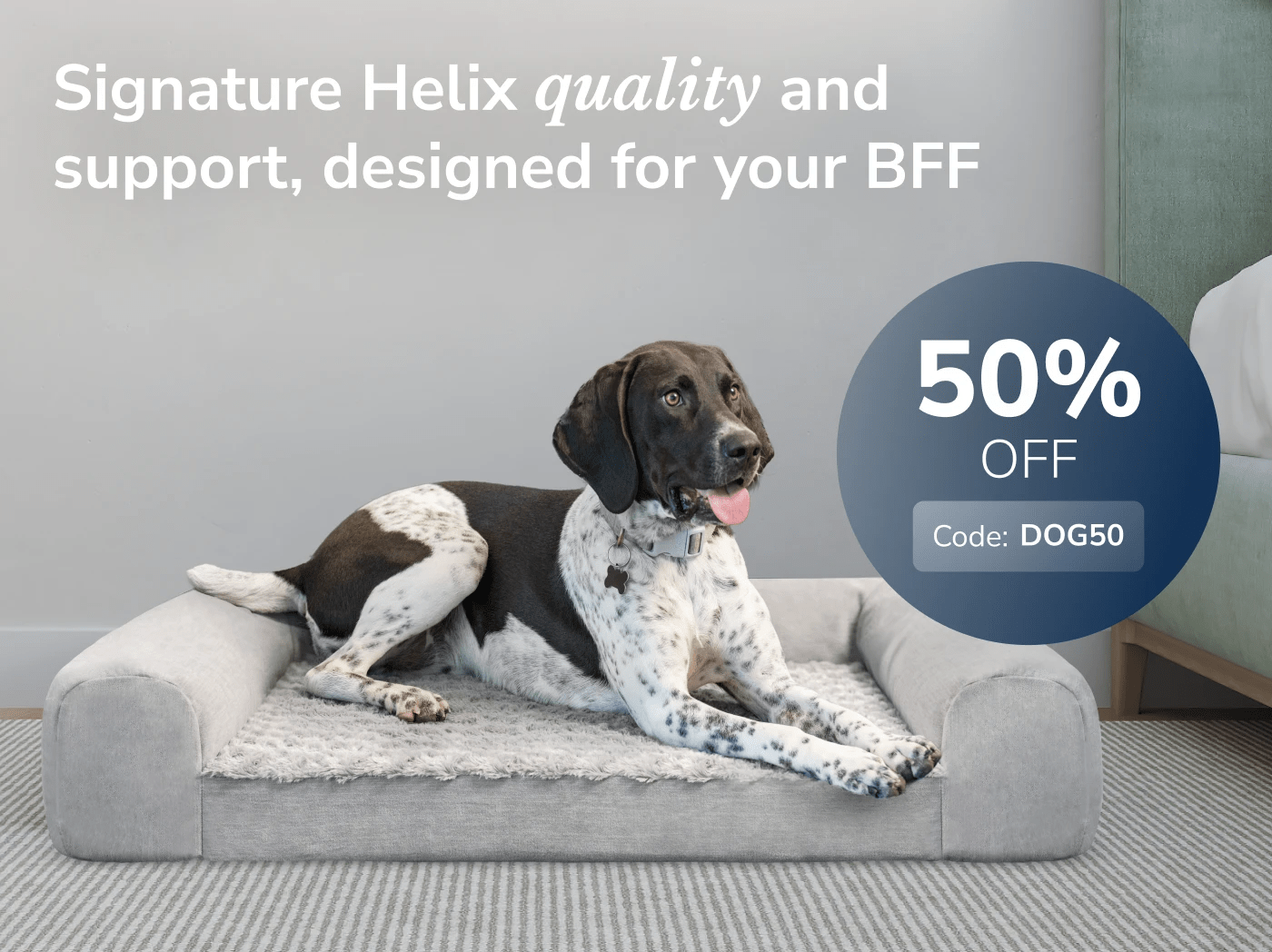 A rendered image of the Helix Dog Bed with a callout to get 50% off with code DOG50