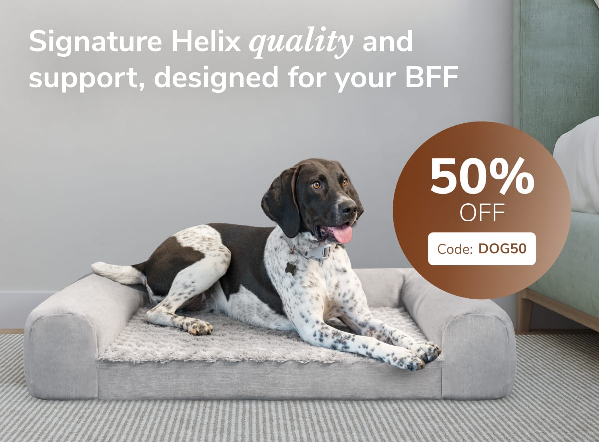 A rendered image of the Helix Dog bed with a callout to save 50% on Dog Beds with code DOG50