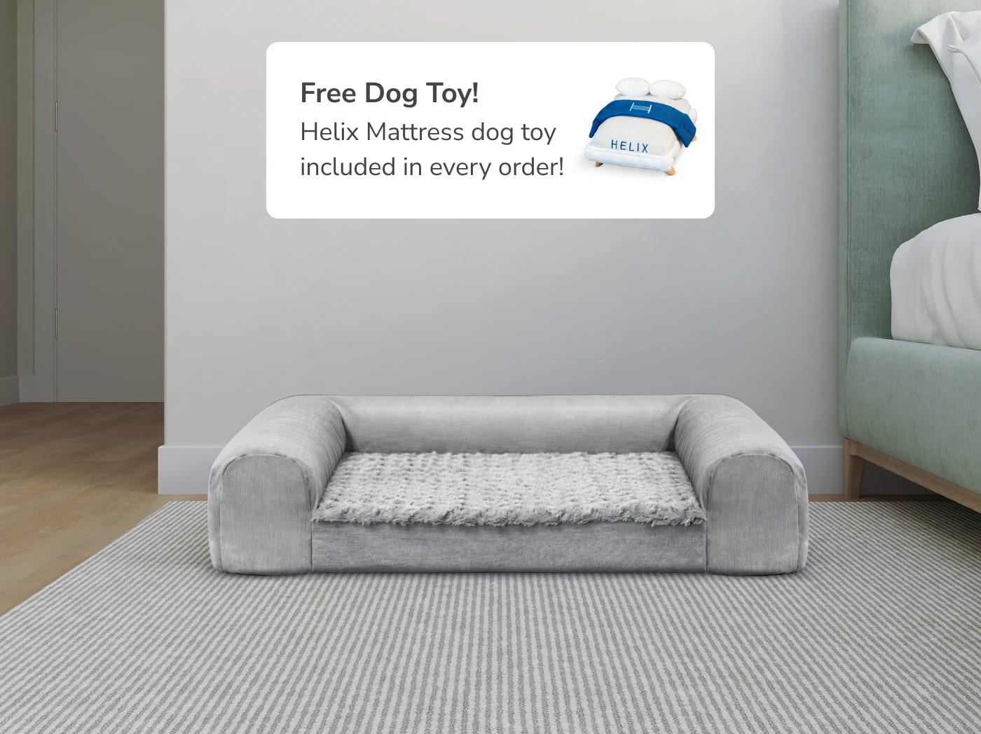 A rendered image of the Helix Dog Bed with a callout to the free toy included with each dog bed